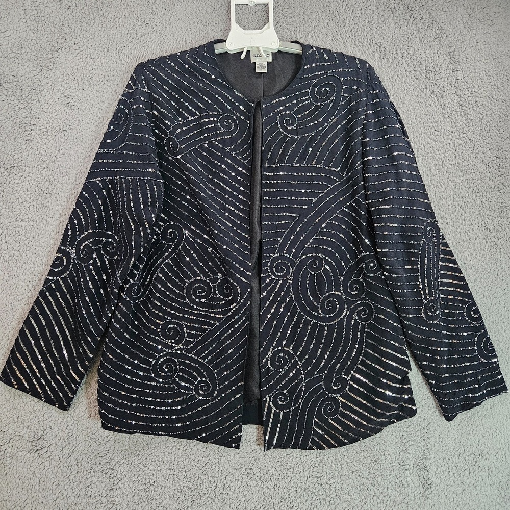 Chico's Blazer Cardigan Size 2 Open Front Glitter Seqin Black Artsy Artisan Flaw